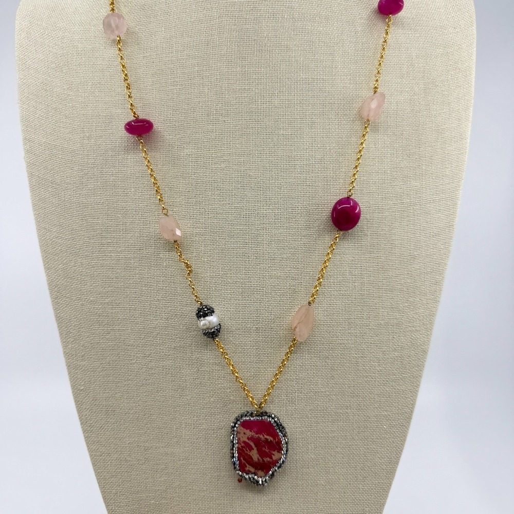 Statement Necklace Hot Pink Jasper Rhinestone Gold Tone Chain Boho Layering Gift